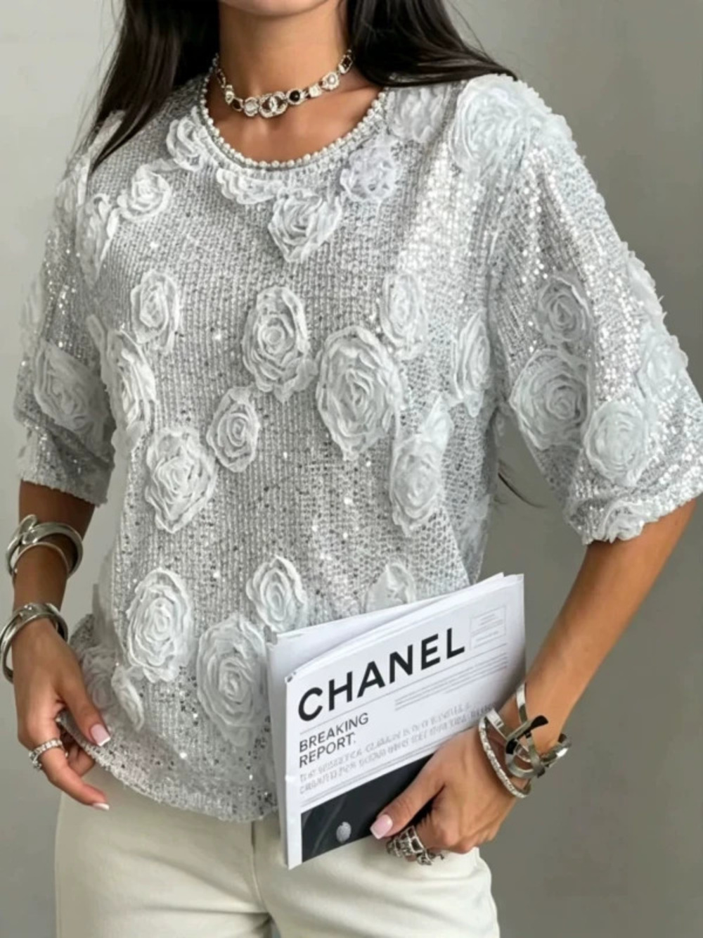 ZARA Luxury Heavy Sequined Crochet Round Neck French Short Sleeve Top